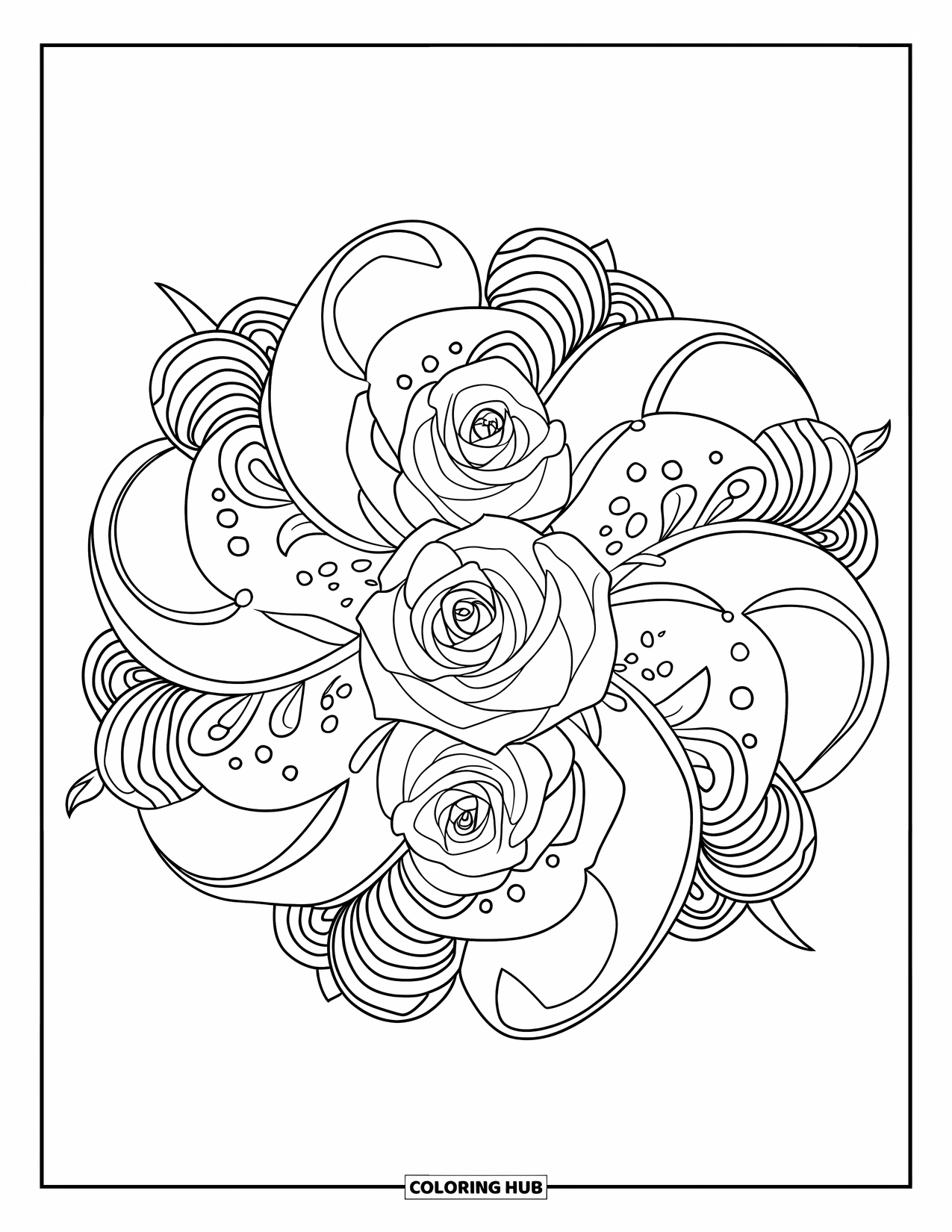 Rose Mandala Coloring Page for Kids: Three roses with curling petal rings form a bold circular mandala
