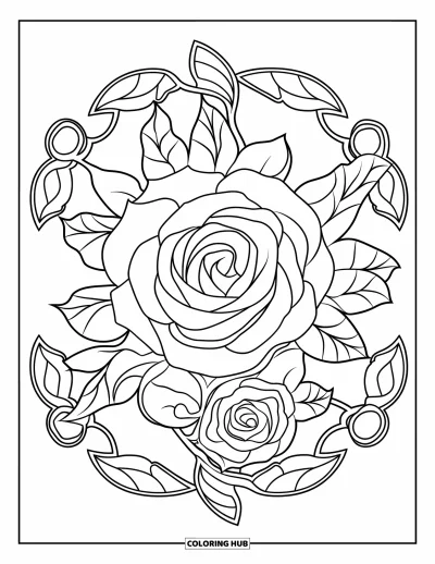 Coloriage de mandala de roses pour enfants : Deux roses et des boucles de feuilles forment un joli mandala floral