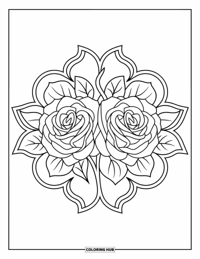 Coloriage de mandala de roses pour enfants : Deux roses au centre de boucles de feuilles dans une composition mandala douce