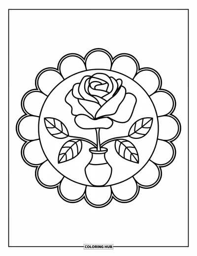 Coloriage de mandala de roses pour enfants : Vase et rose entourés de grands anneaux de pétales festonnés