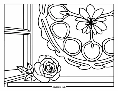 Coloriage de mandala de roses pour enfants : Rose sur un rebord de fenêtre entourée de boucles florales et de courbes en forme de cœur