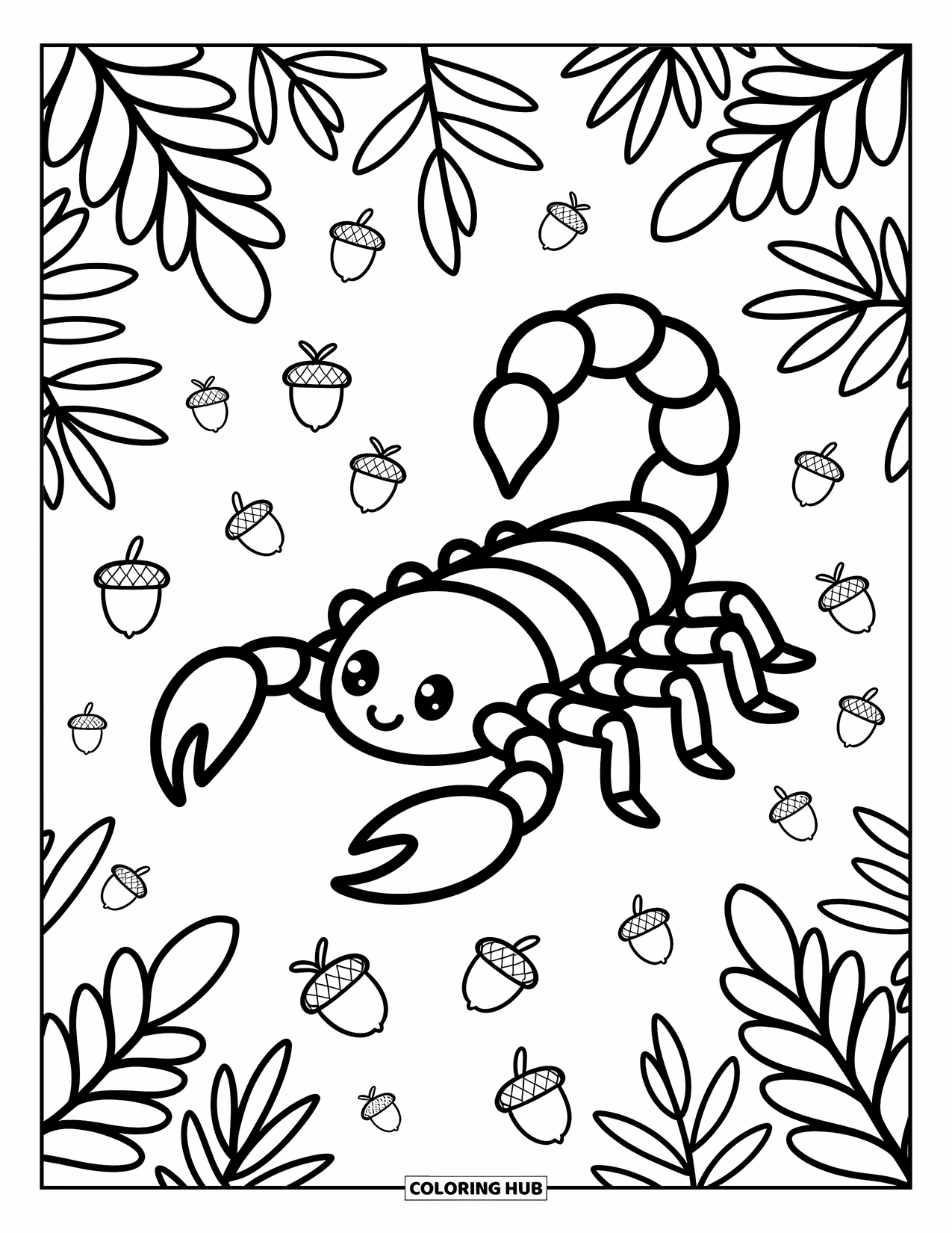 Scorpion Coloring Page for Adults: Adorable scorpion walks through leafy forest floor with acorns and playful bugs