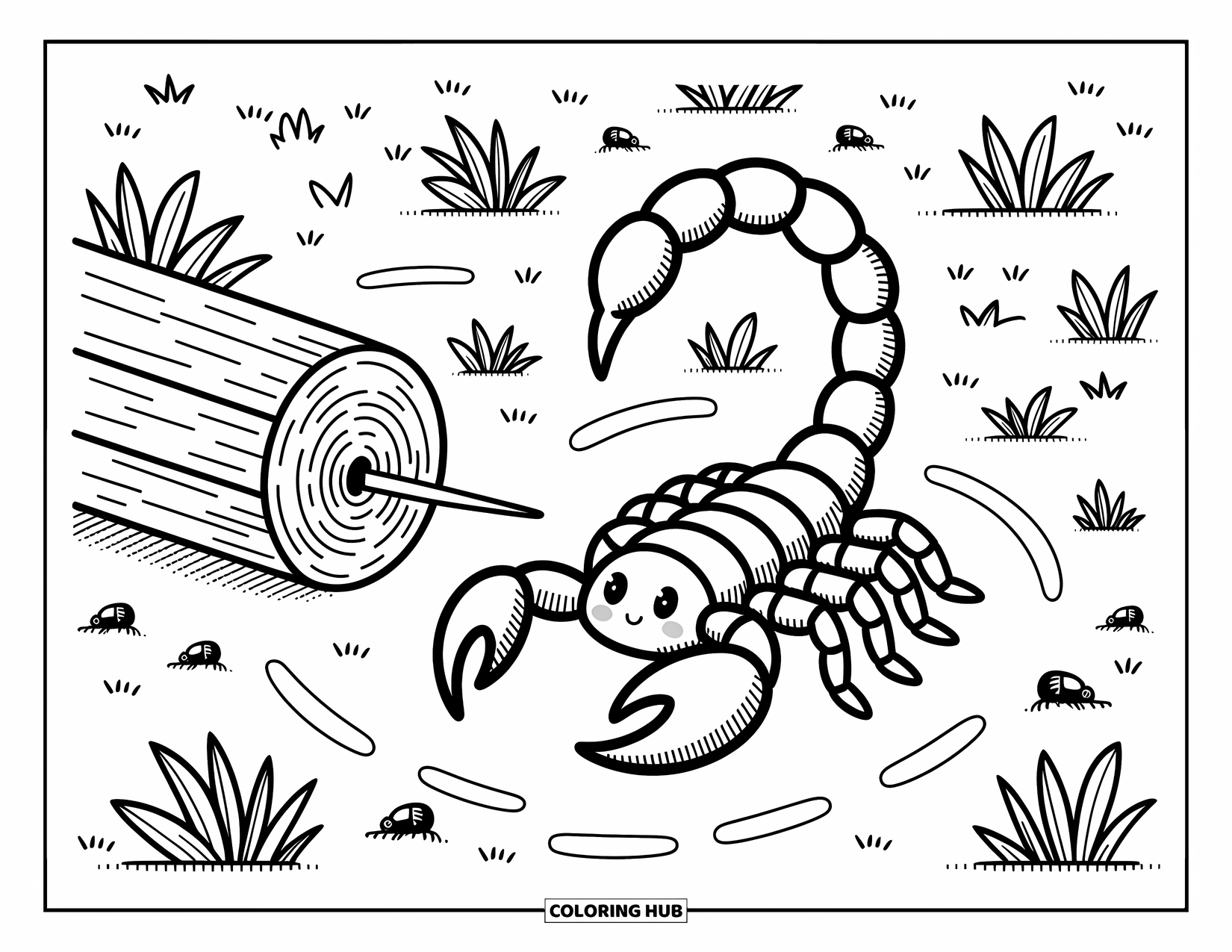 Scorpion Coloring Page for Adults: Curved scorpion tail faces a hollow log with beetles and grassy tufts around