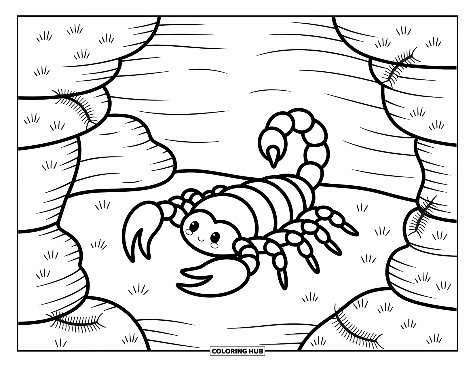 Scorpion Coloring Page for Adults: Cute scorpion rests inside a mossy rock crevice with little centipedes crawling nearby