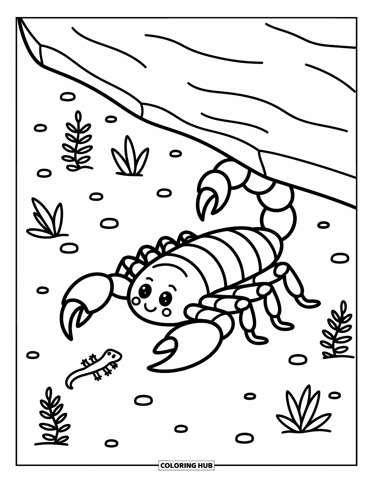 Scorpion Coloring Page for Adults: Cute scorpion under a rock touches a lizard footprint near herbs and stones