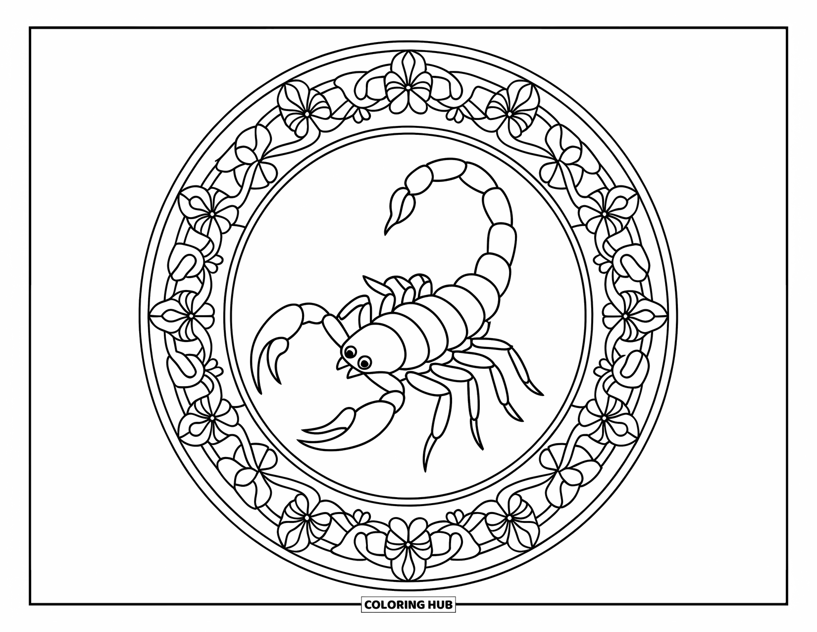 Scorpion Coloring Page for Adults: Large scorpion framed by floral stained glass-style vines