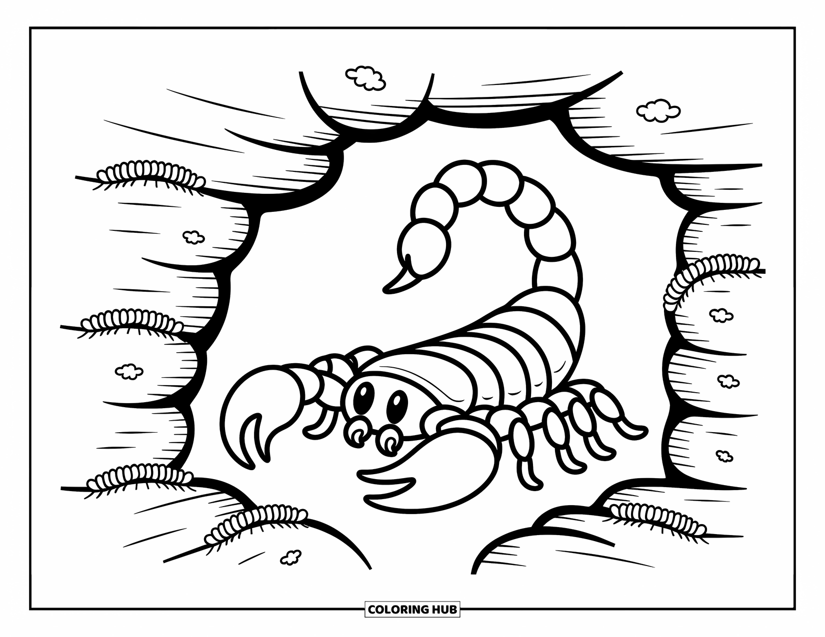Scorpion Coloring Page for Adults: Little scorpion curls up inside a mossy crevice while centipedes wander around