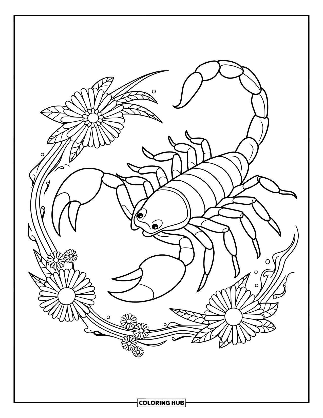 Scorpion Coloring Page for Adults: Realistic scorpion surrounded by desert flowers and vines