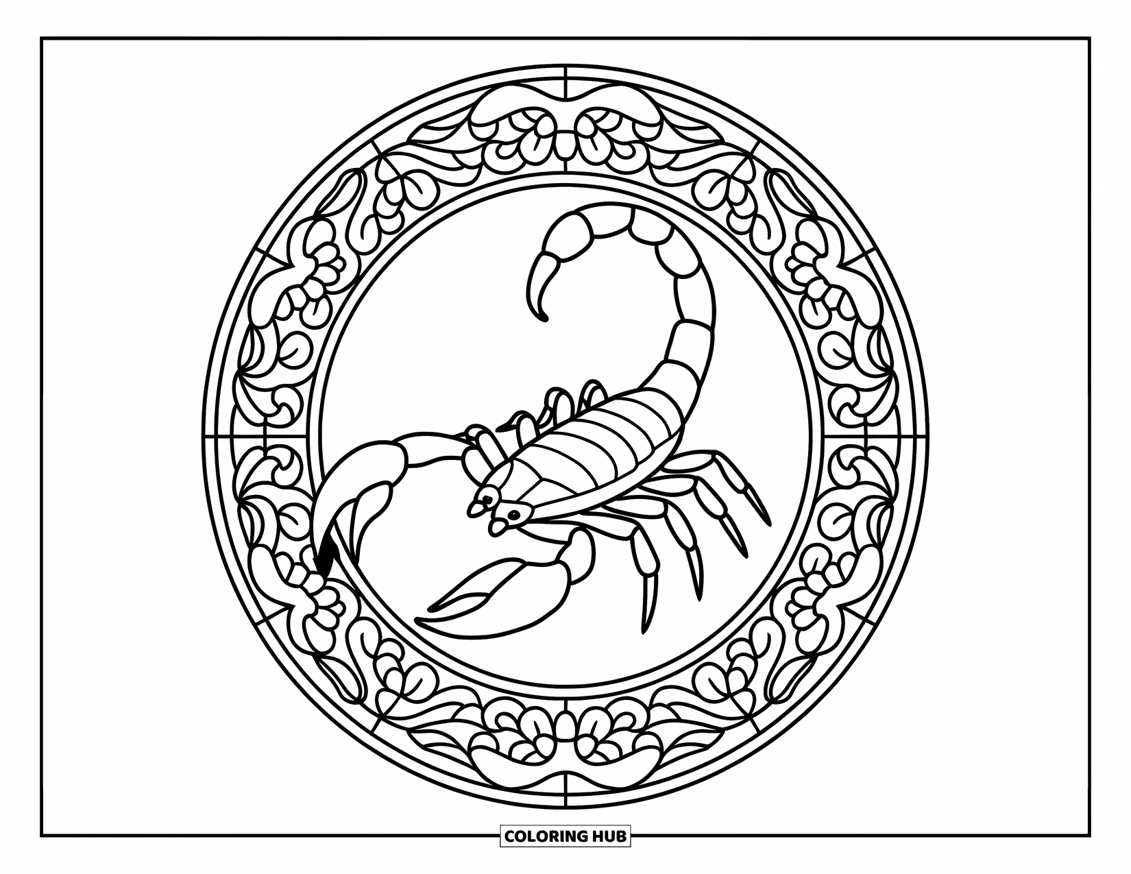 Scorpion Coloring Page for Adults: Scorpion centered in stained glass-style floral panels