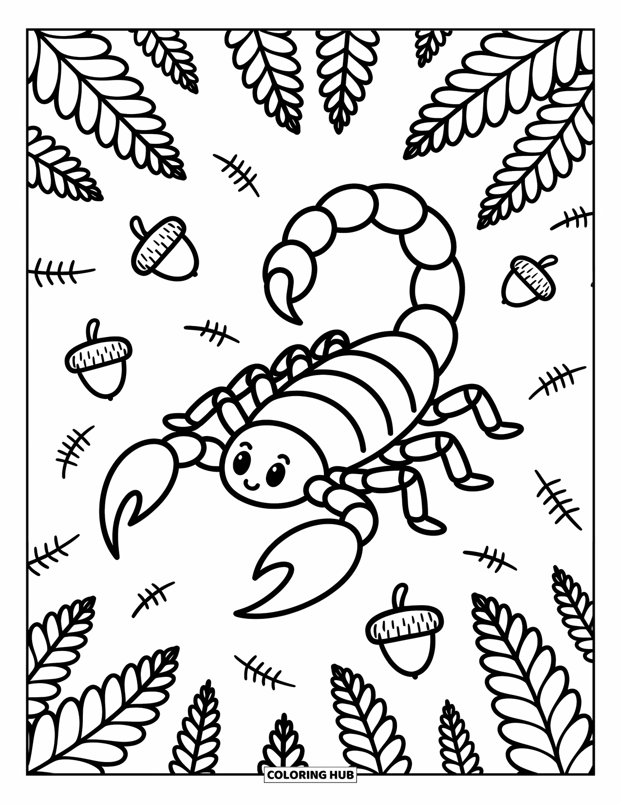 Scorpion Coloring Page for Adults: Scorpion crawls gently across fallen leaves with ferns, acorns, and tiny insects nearby