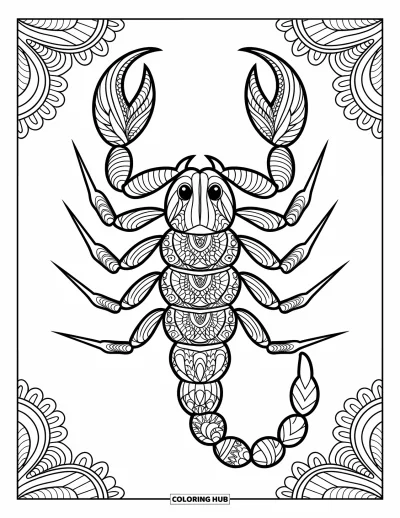 Omalovánka škorpiona pro dospělé: Škorpion ozdobený zentangle vzory obklopený výraznými ornamenty