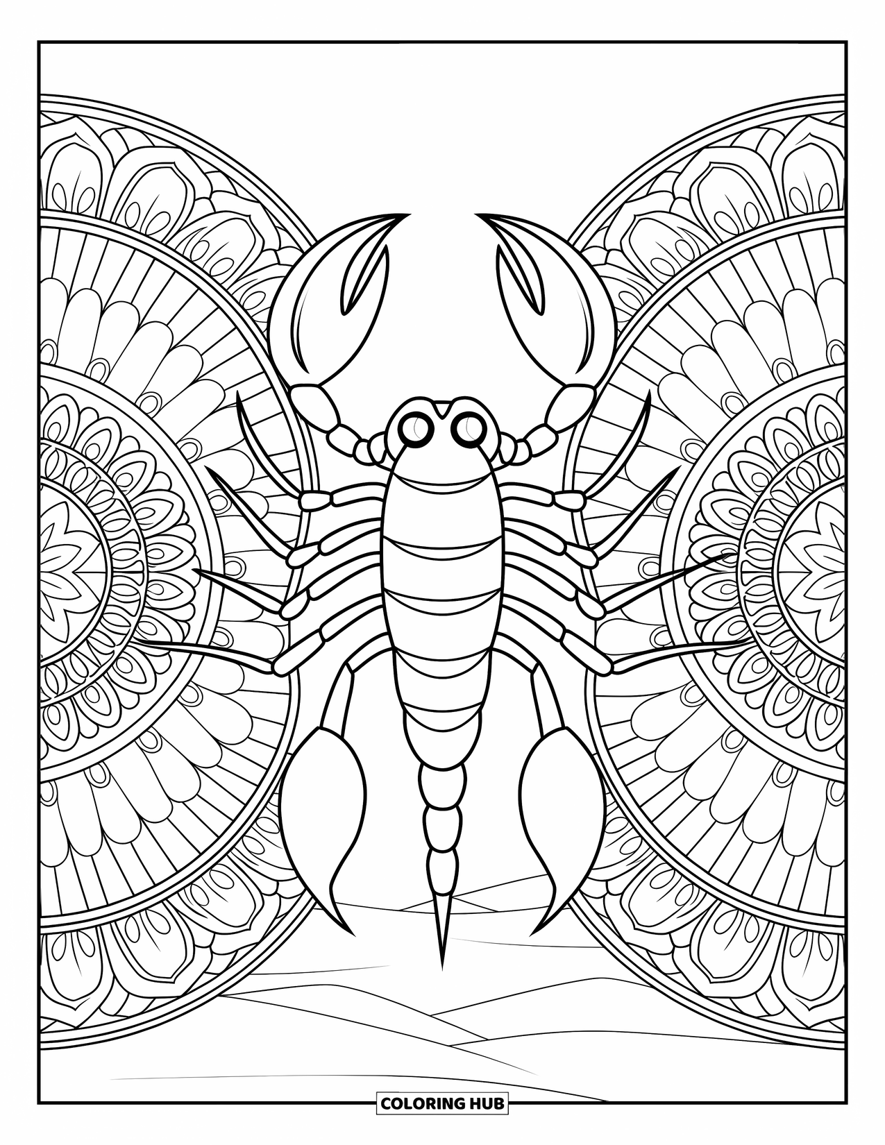 Scorpion Coloring Page for Adults: Scorpion framed by symmetrical mandalas and soft desert dunes