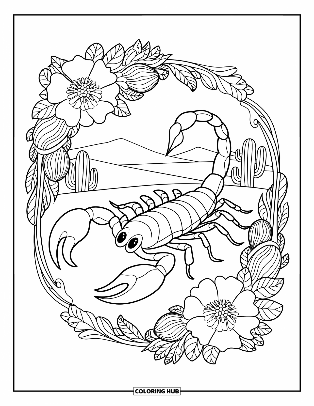 Scorpion Coloring Page for Adults: Scorpion framed by vines and desert flowers with cacti