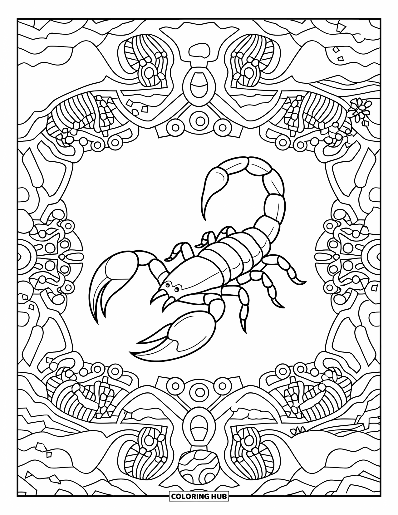 Scorpion Coloring Page for Adults: Scorpion in center of mandala filled with desert-inspired shapes