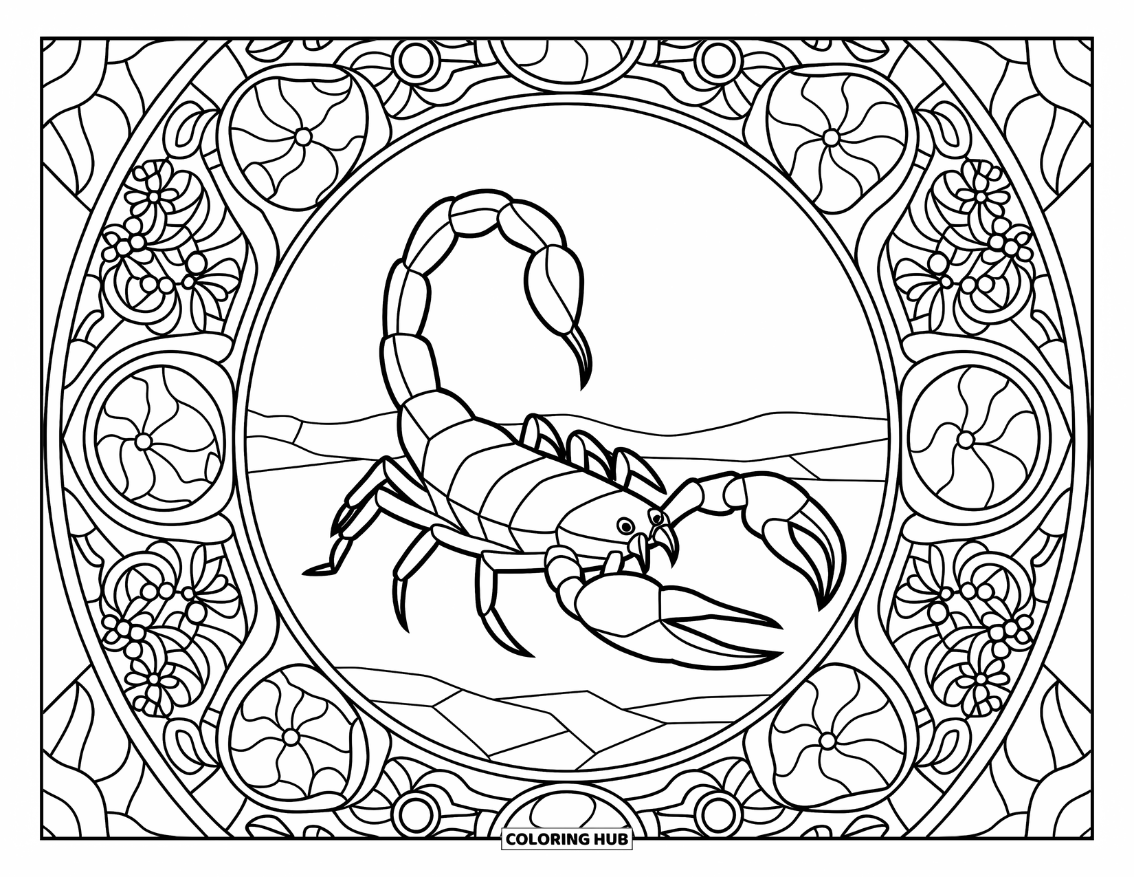 Scorpion Coloring Page for Adults: Scorpion on rocky ground surrounded by floral stained glass panels