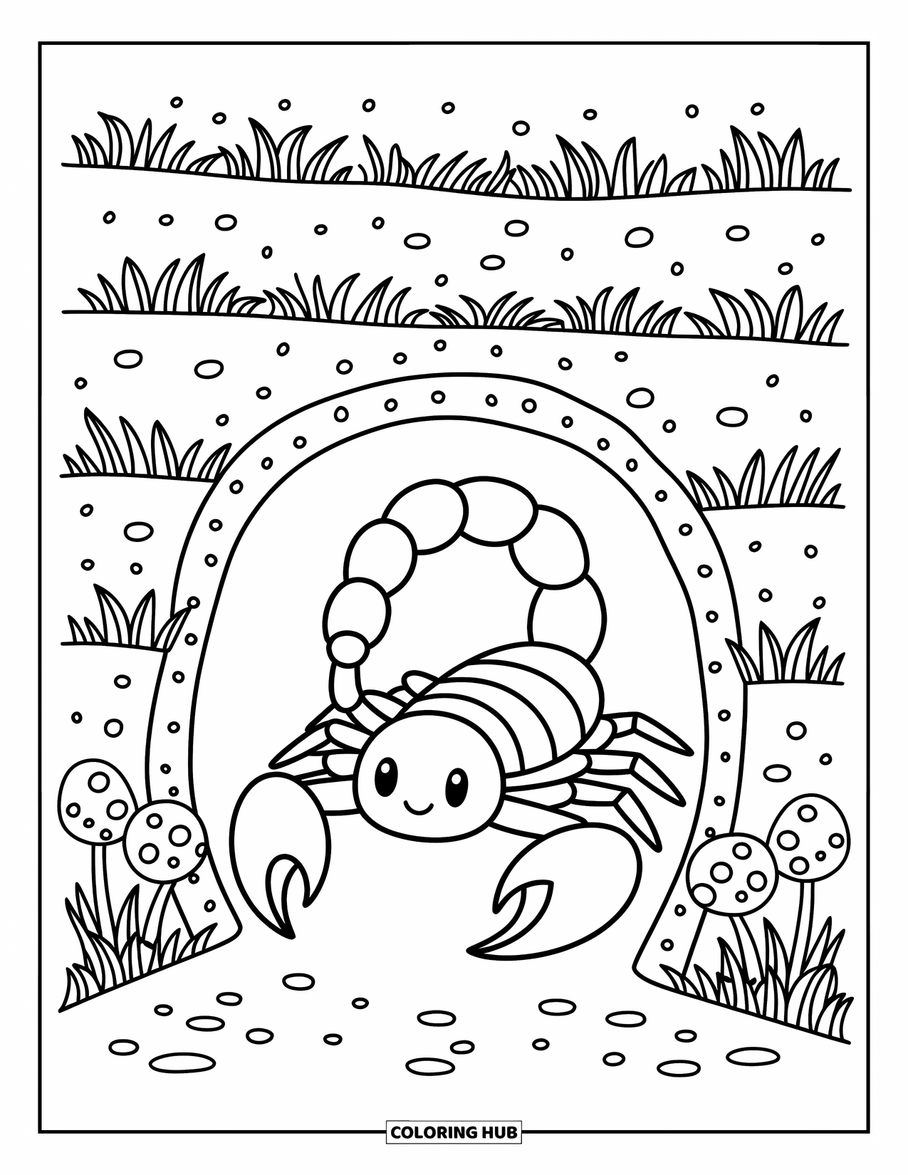 Scorpion Coloring Page for Adults: Scorpion peeks from burrow with curled tail over the entrance and flowers around