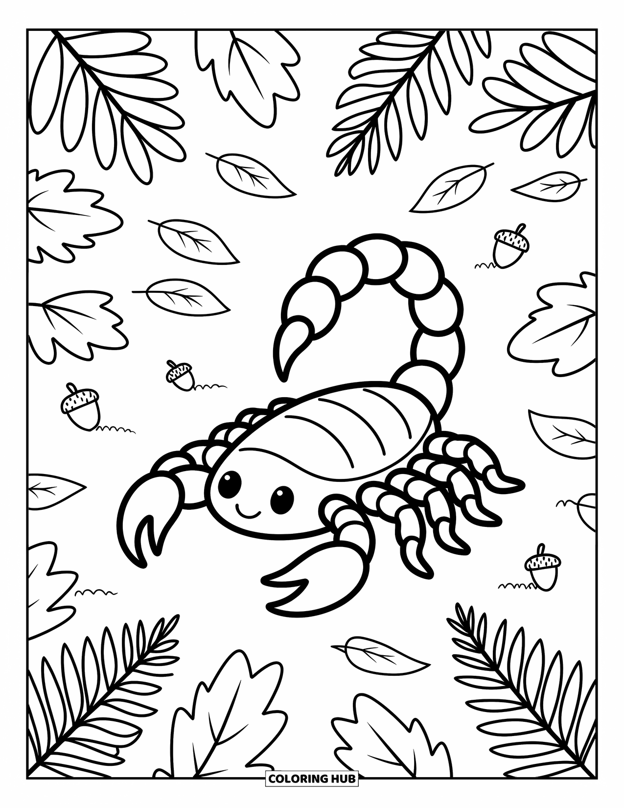 Scorpion Coloring Page for Adults: Scorpion strolls across cozy leaves and ferns while tiny bugs peek from the ground
