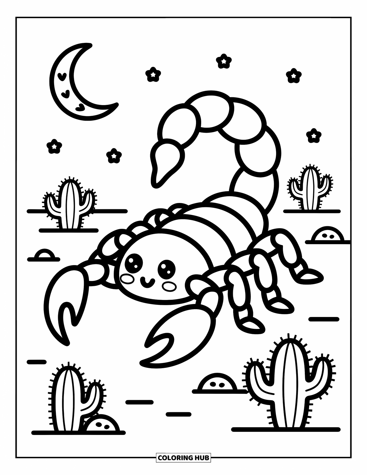 Scorpion Coloring Page for Adults: Scorpion strolls beneath a starry sky, tail arched and cacti nearby