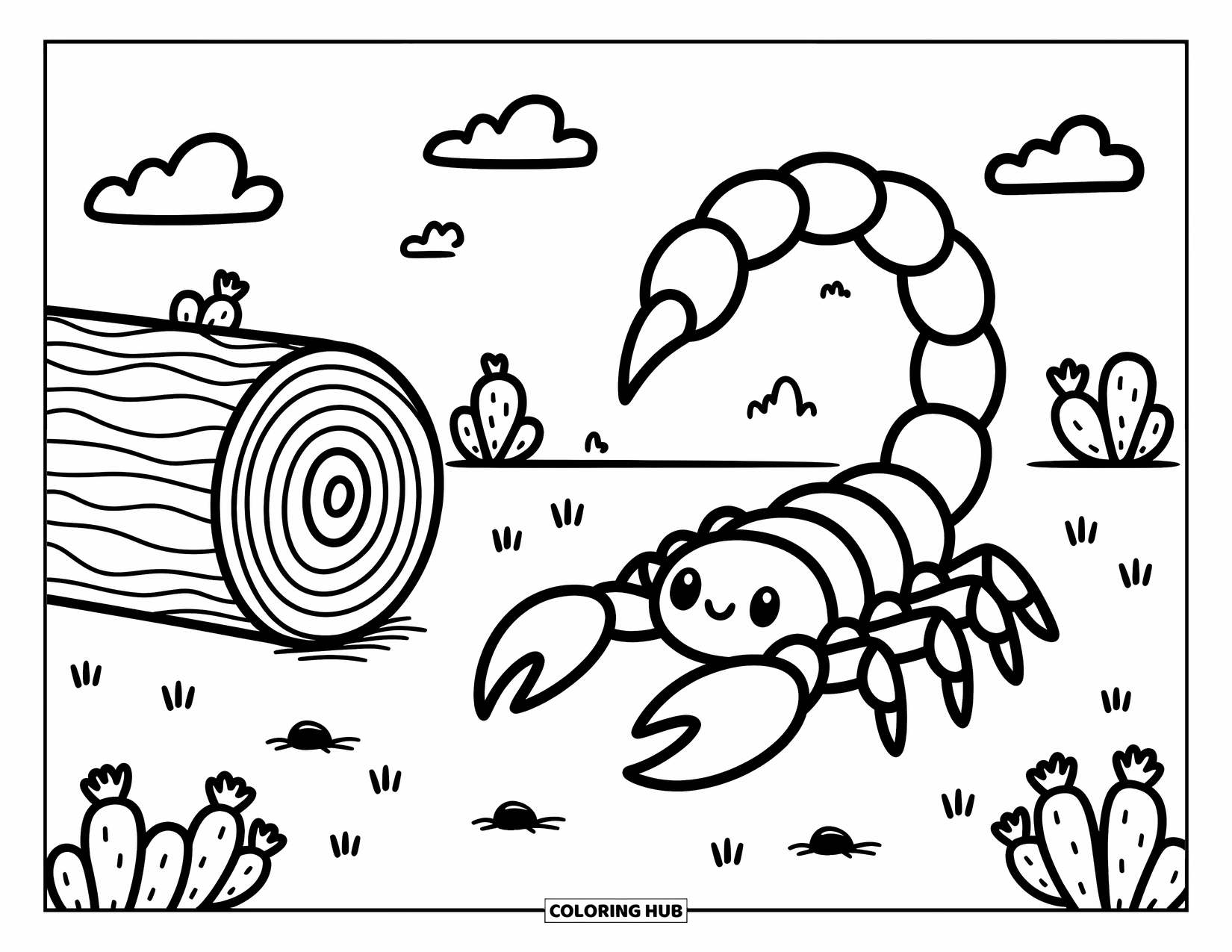 Scorpion Coloring Page for Adults: Scorpion tail aims at a hollow log with target marks in sunny desert grass
