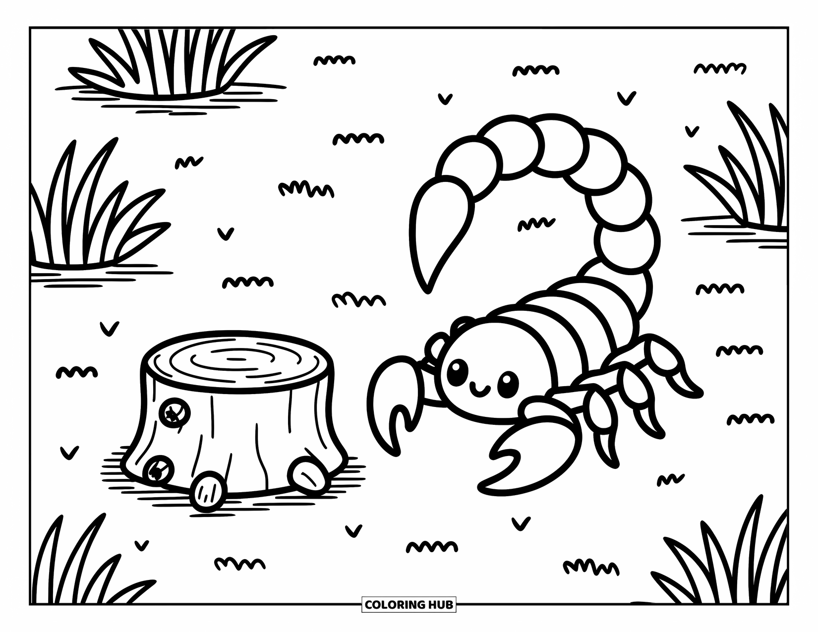 Scorpion Coloring Page for Adults: Scorpion tail curls at a marked log with desert grass and tiny bugs nearby