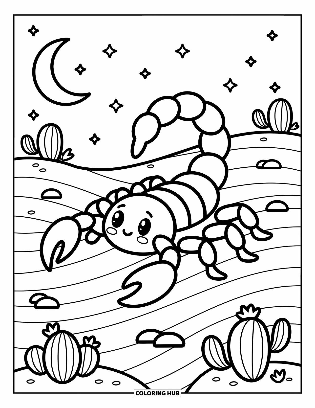 Scorpion Coloring Page for Adults: Scorpion walks across soft night sand surrounded by cacti and glowing stars