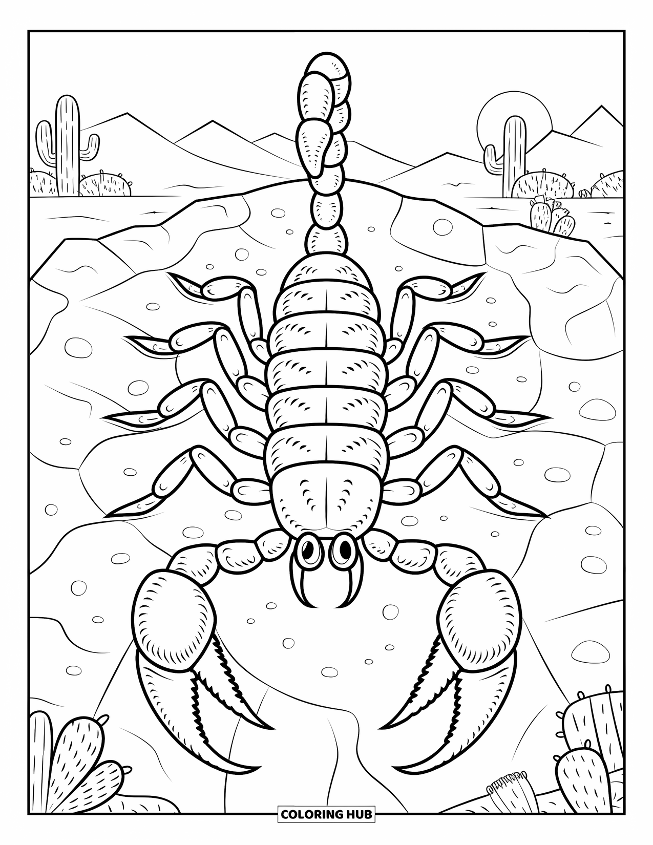 Scorpion Coloring Page for Adults: Scorpion with bold lines on rocky terrain and desert sunset