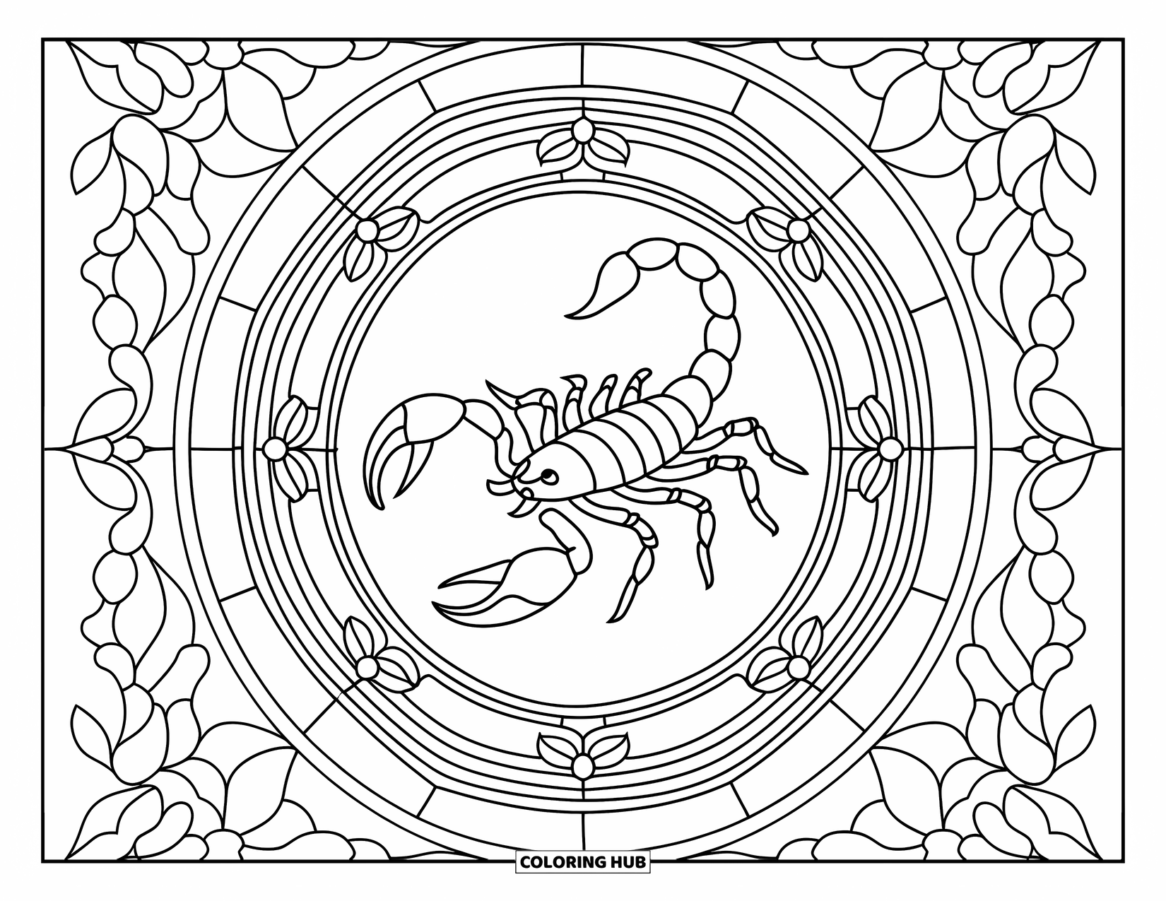 Scorpion Coloring Page for Adults: Scorpion with curved tail inside floral stained glass-style design