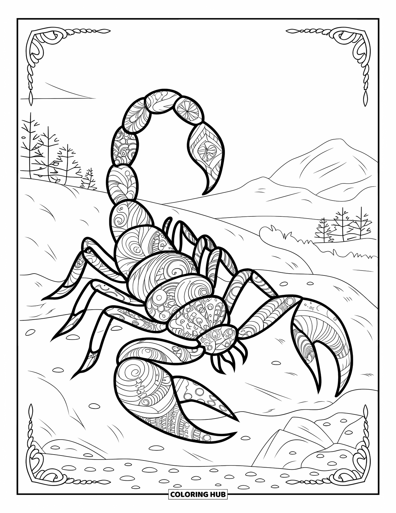 Scorpion Coloring Page for Adults: Zentangled scorpion on rocks with a calm scenic background