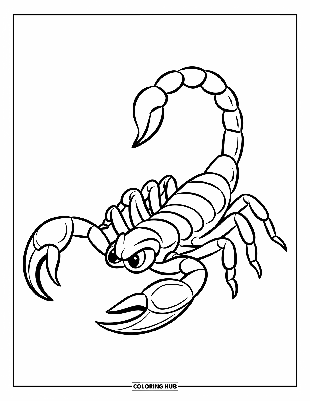 Scorpion Coloring Page for Kids: Alert scorpion in a strong stance with claws open wide