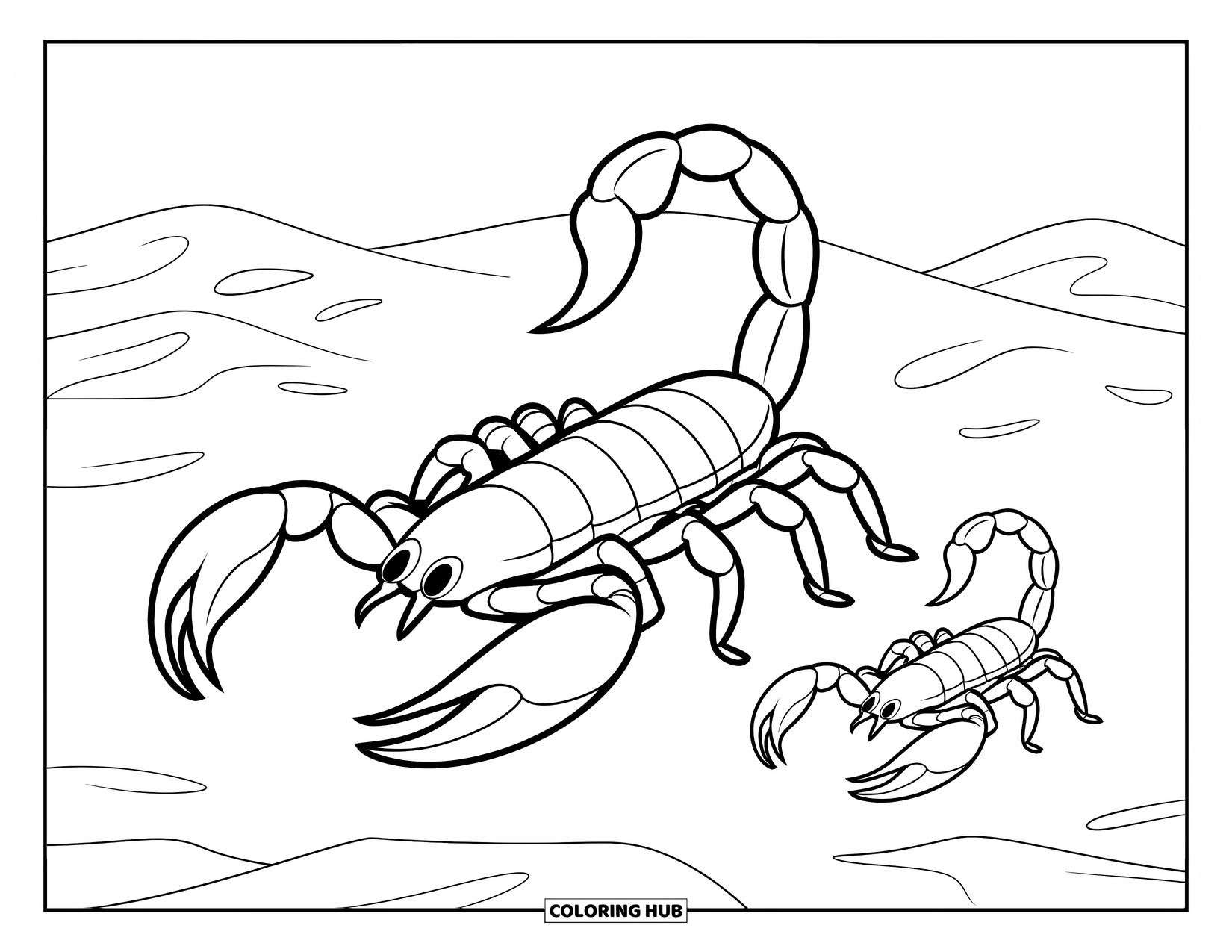 Scorpion Coloring Page for Kids: Big and baby scorpion resting together in the dunes