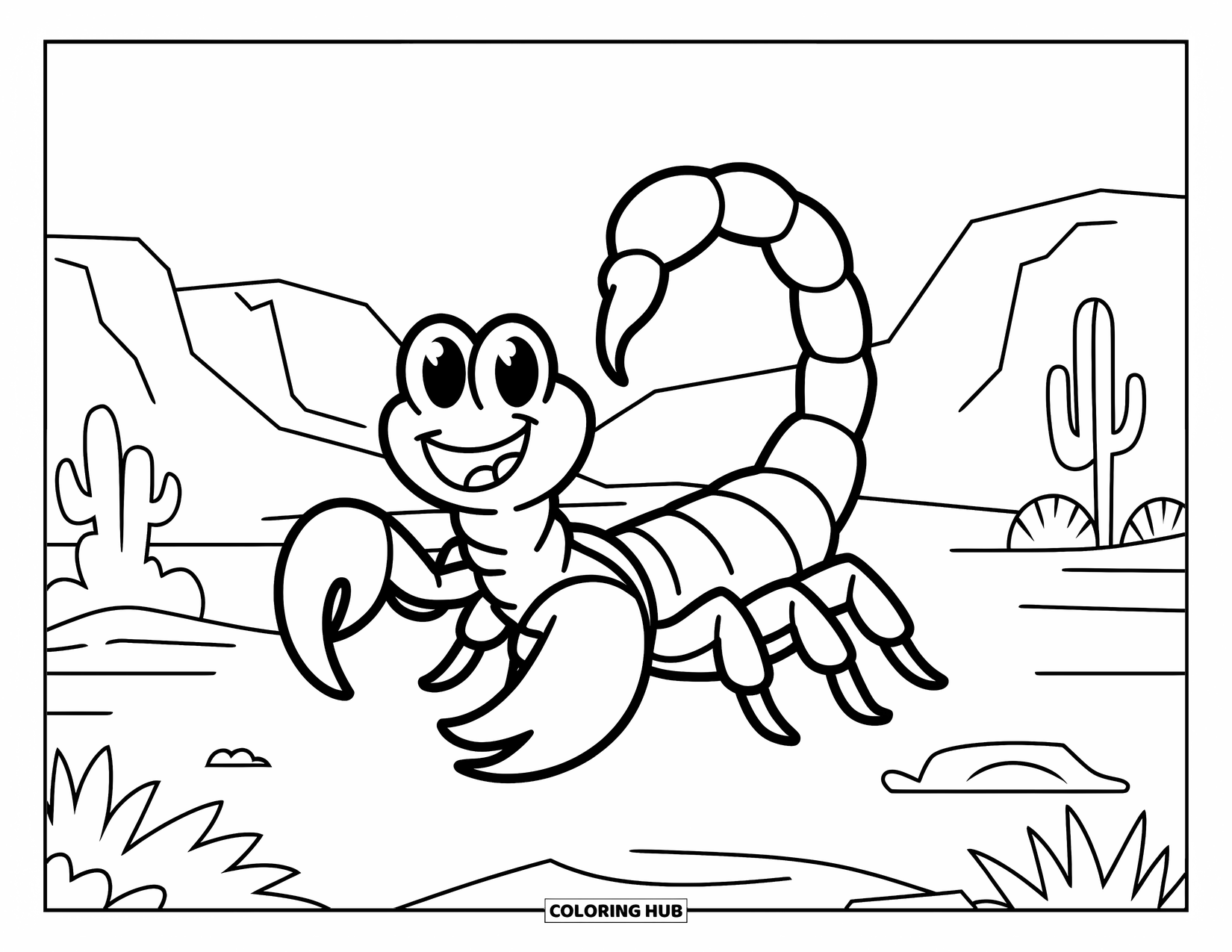Scorpion Coloring Page for Kids: Cheerful scorpion smiling on rocky desert ground