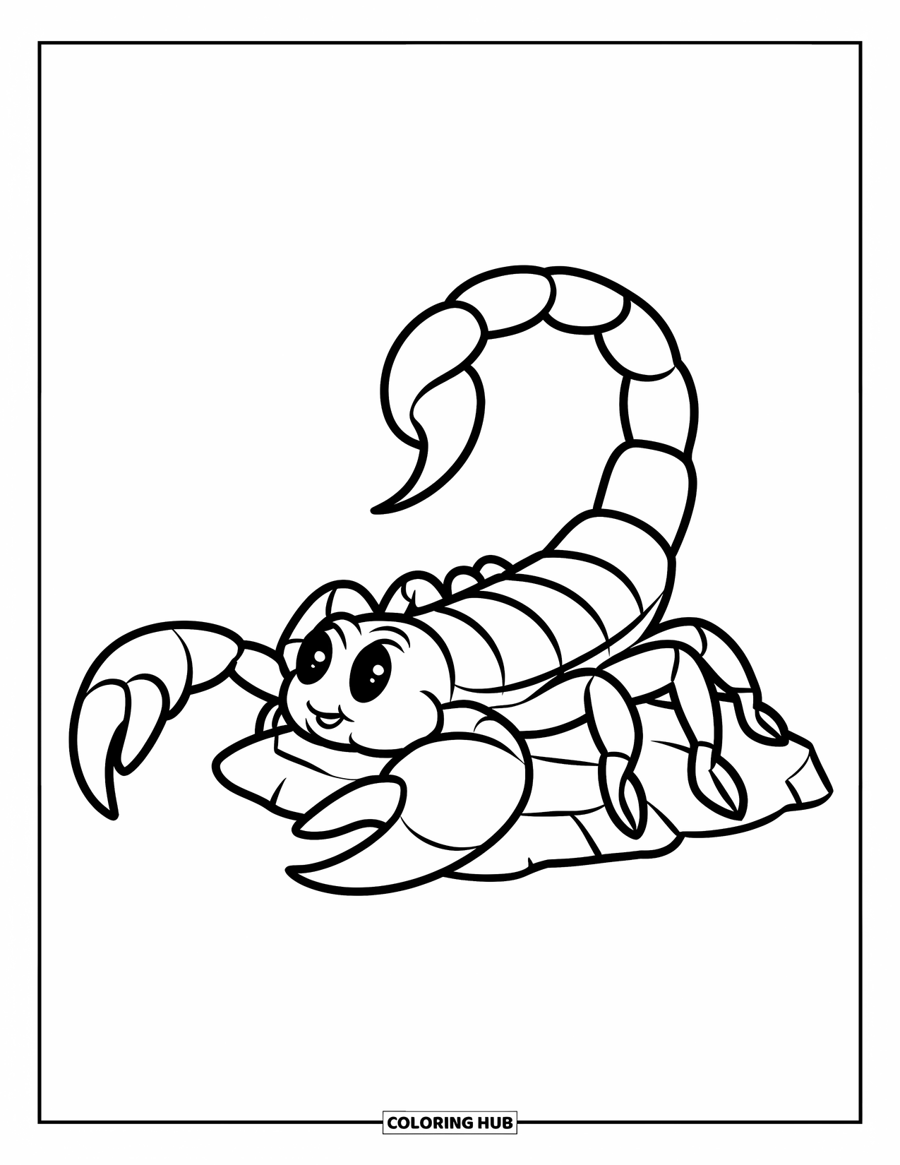 Scorpion Coloring Page for Kids: Chubby scorpion resting on a small rock