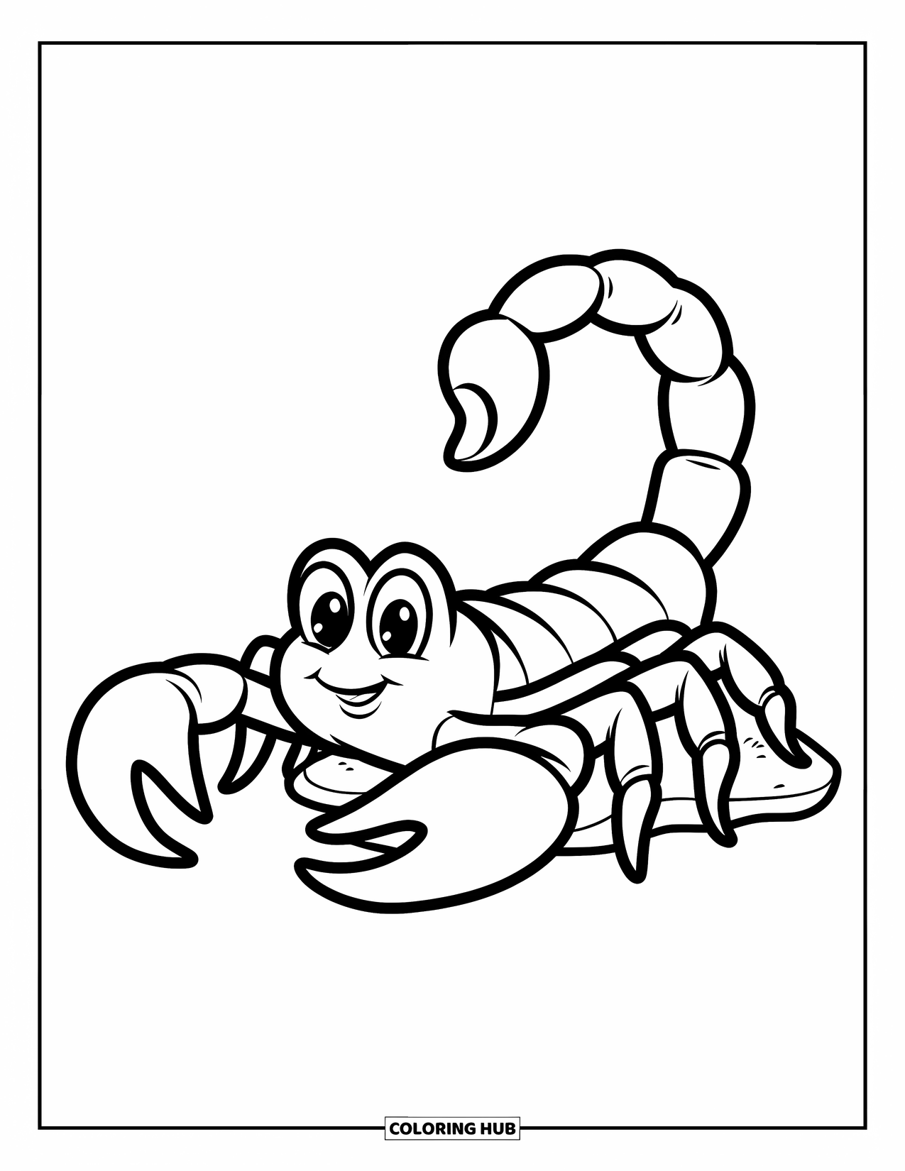 Scorpion Coloring Page for Kids: Cute scorpion sitting on a rock with a cheerful vibe