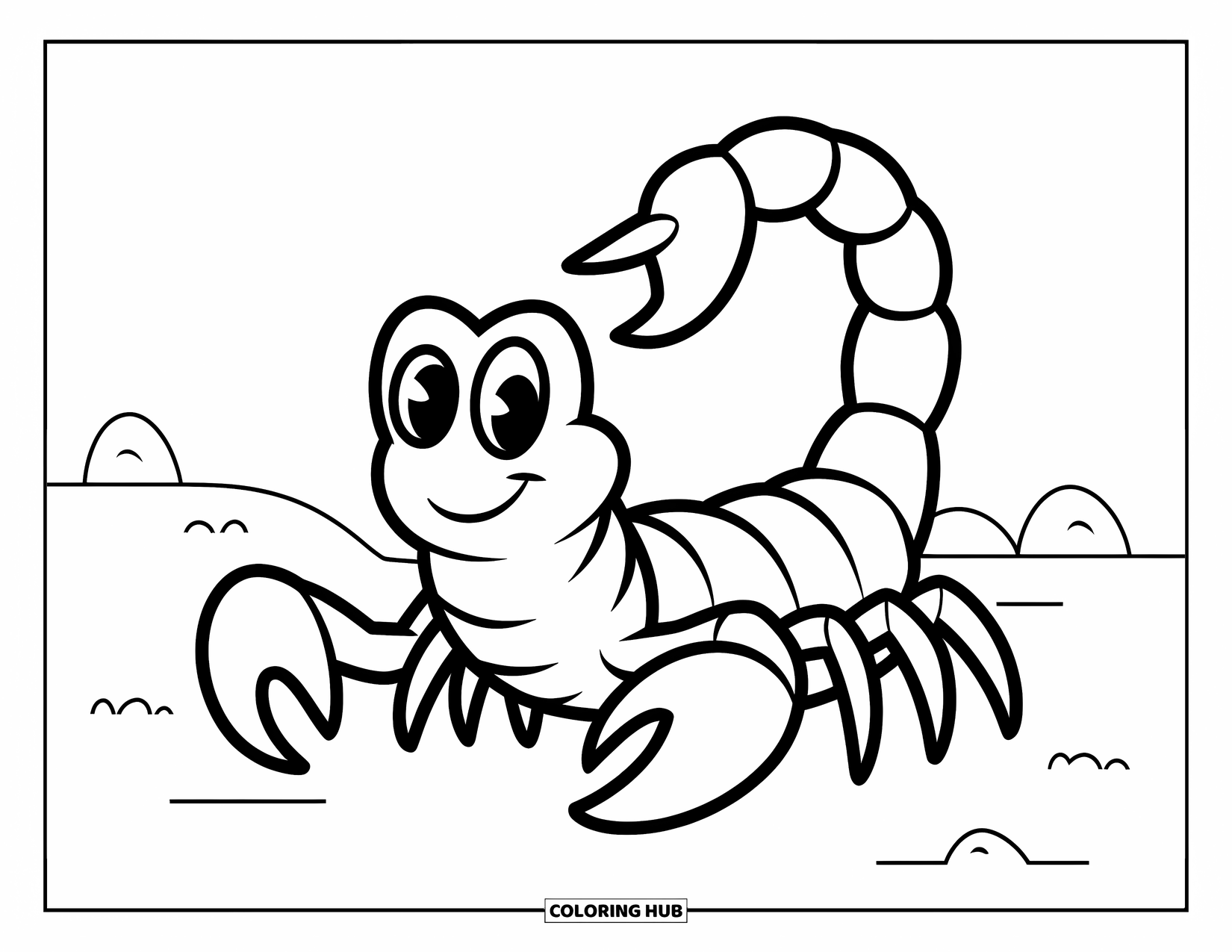 Scorpion Coloring Page for Kids: Happy scorpion standing in the desert with bold outlines