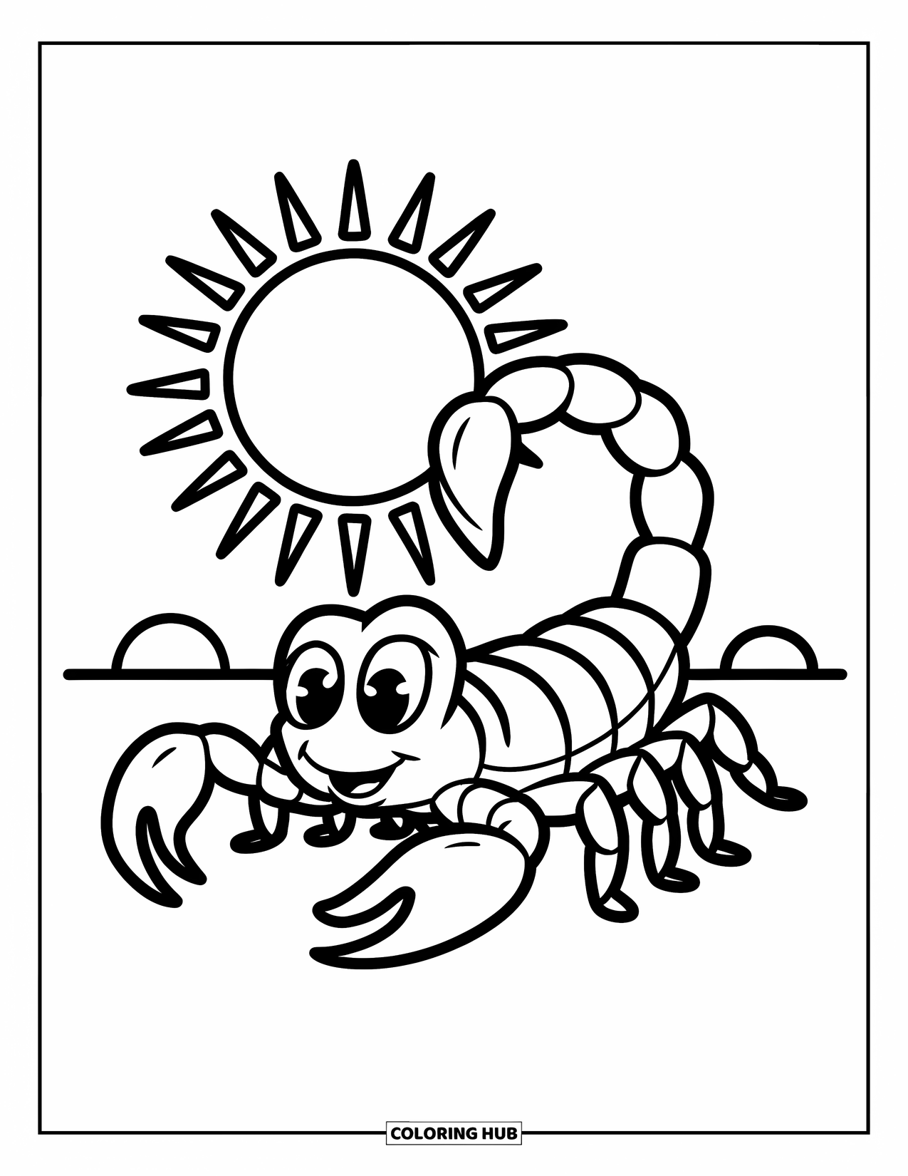 Scorpion Coloring Page for Kids: Playful scorpion beside a big sun and two little hills