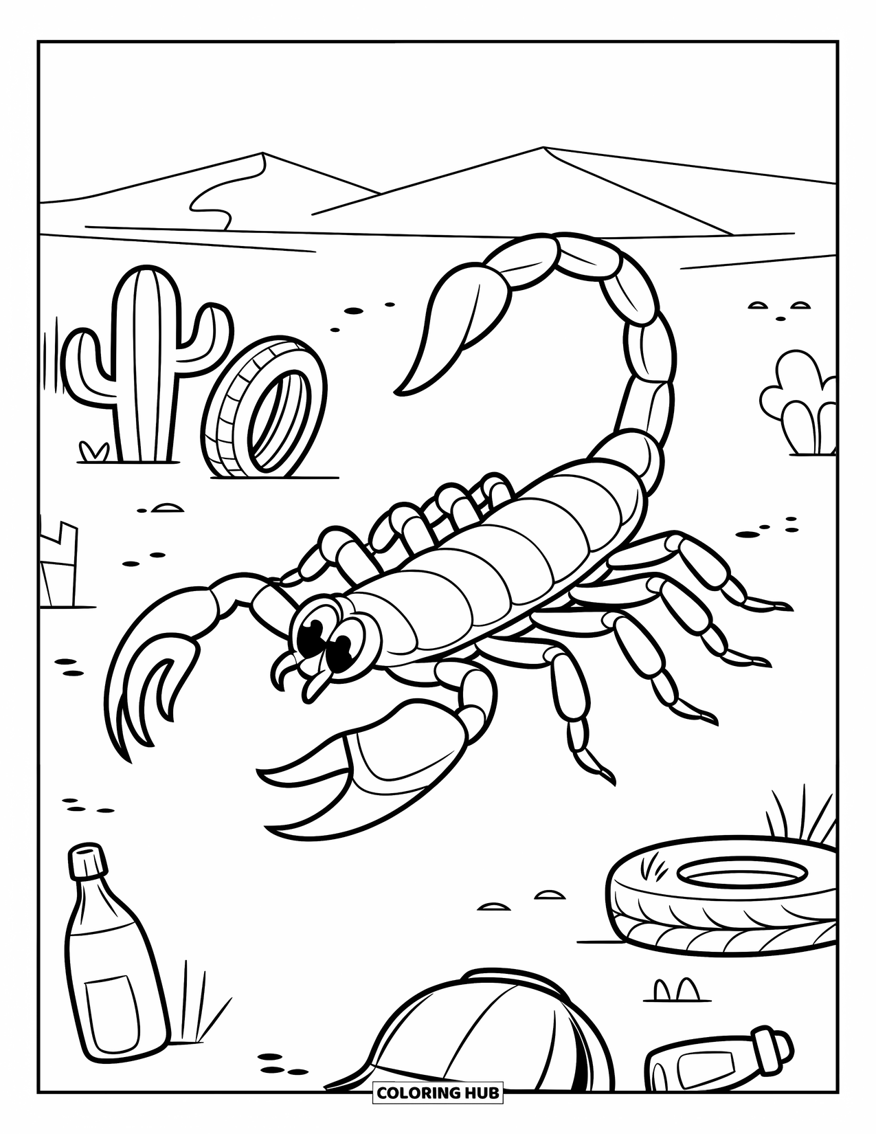 Scorpion Coloring Page for Kids: Scorpion among scattered desert items like pots and plants