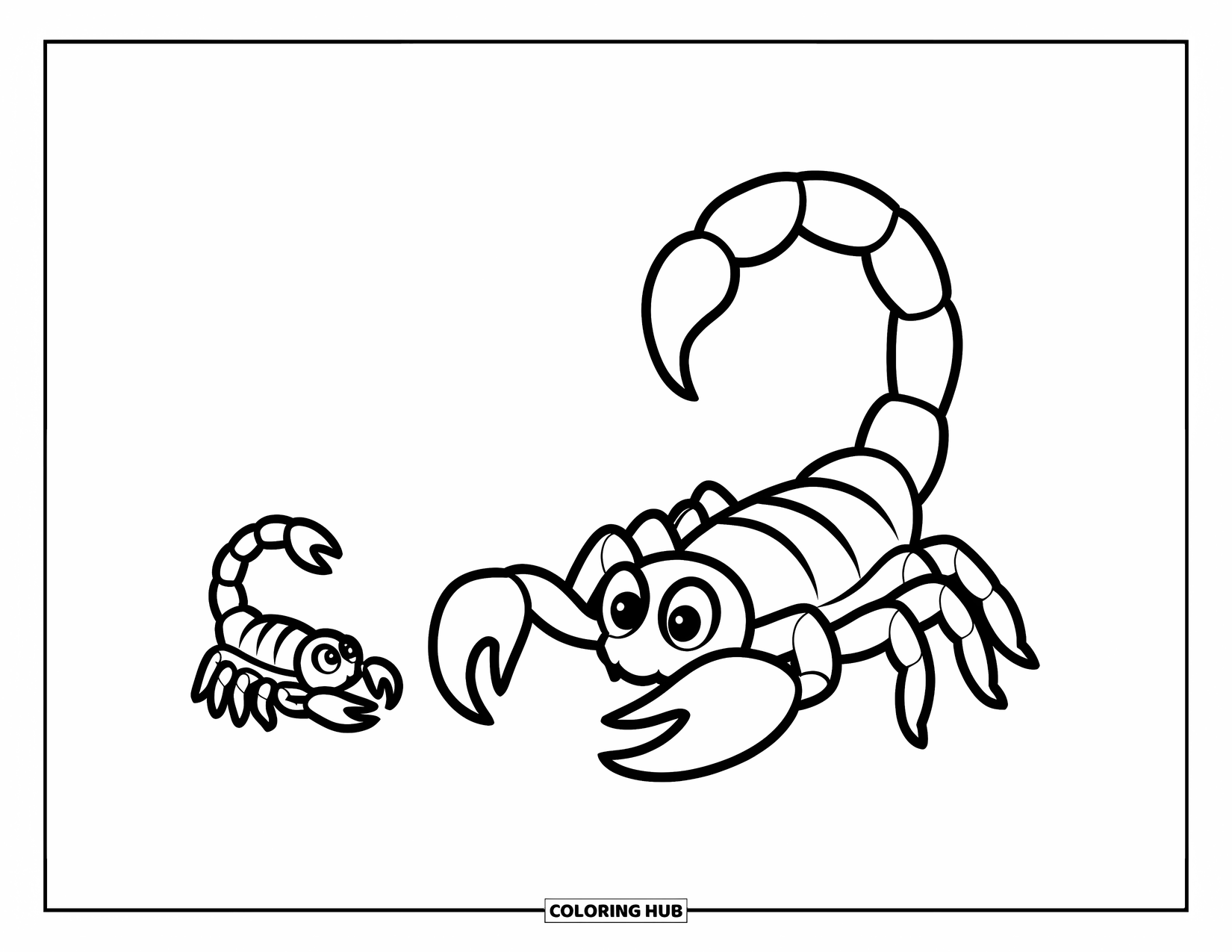 Scorpion Coloring Page for Kids: Scorpion and baby scorpion side by side on desert sand