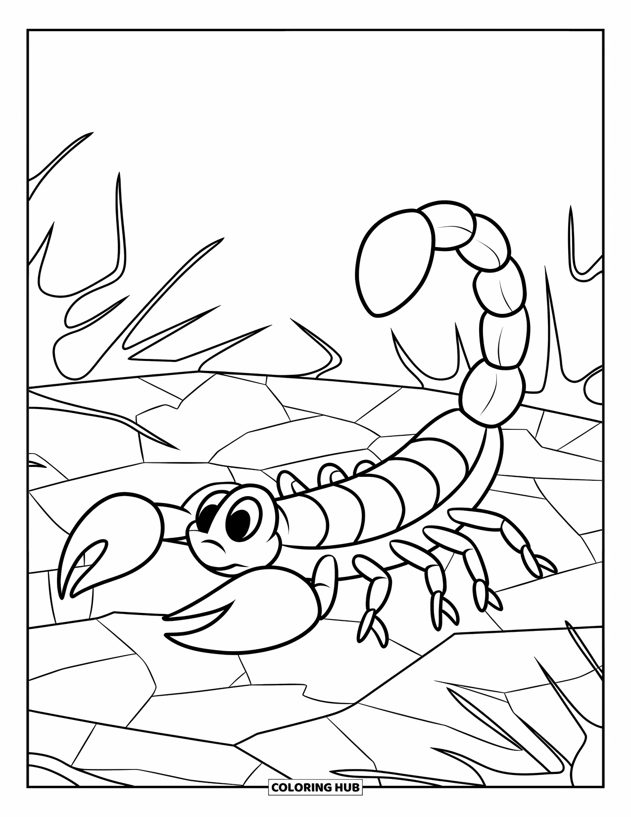 Scorpion Coloring Page for Kids: Scorpion beside dry cracked ground and sharp desert bushes