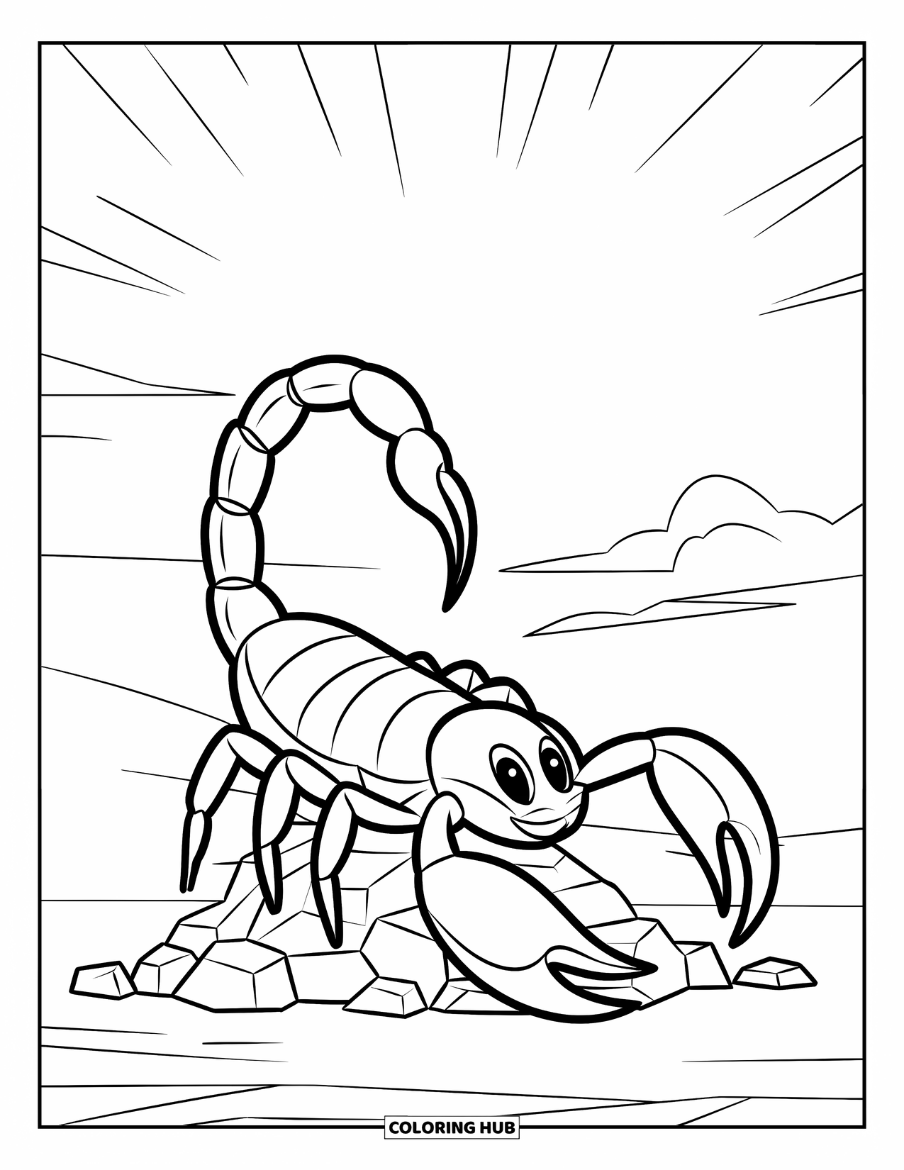 Scorpion Coloring Page for Kids: Scorpion climbing over small rocks under a bright desert sky