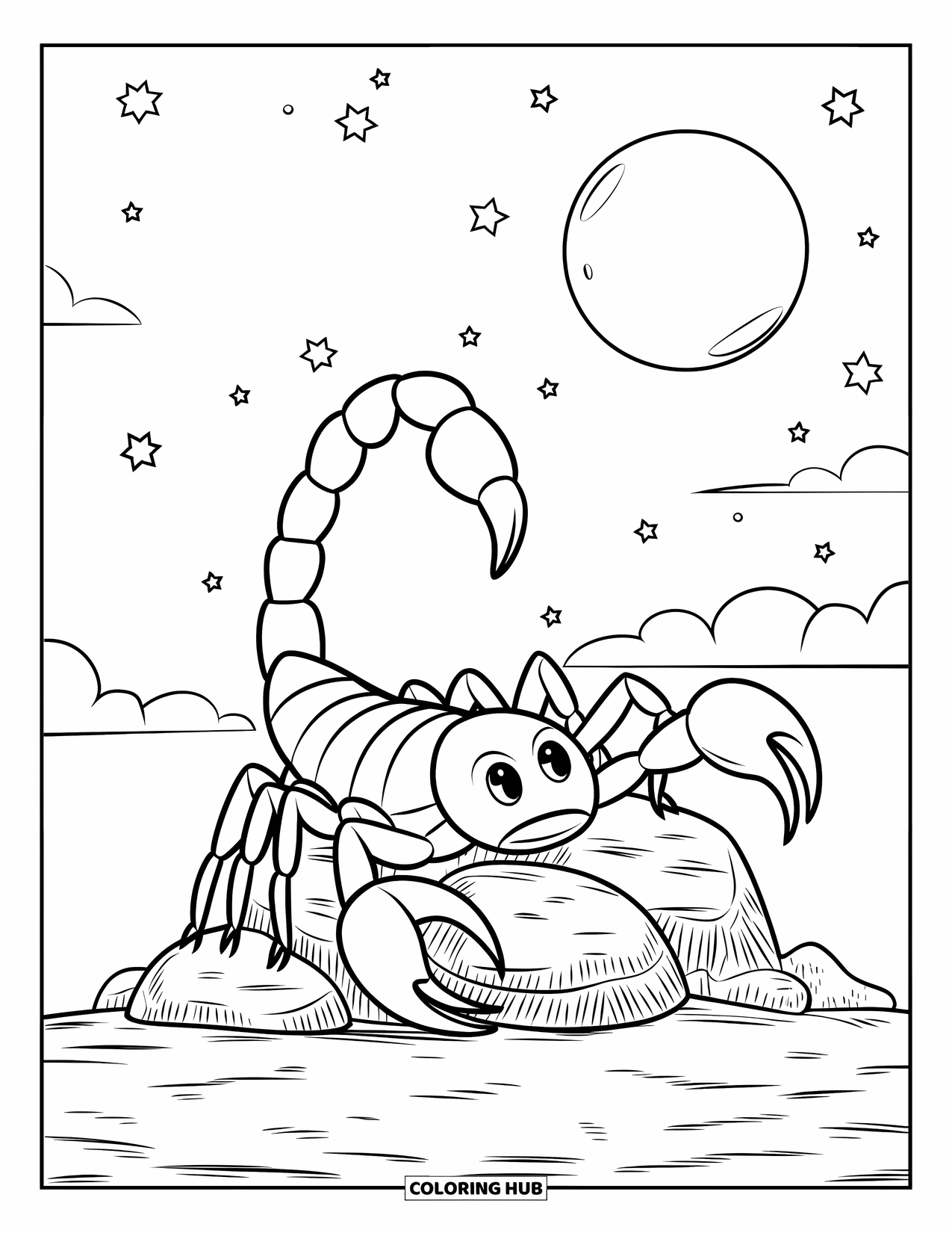 Scorpion Coloring Page for Kids: Scorpion climbing over textured rocks under stars and moon