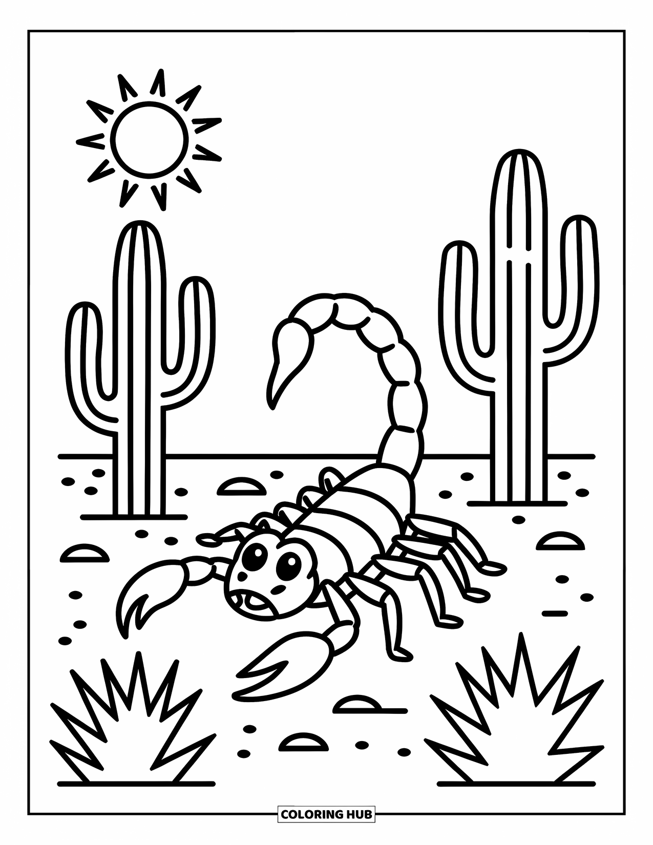 Scorpion Coloring Page for Kids: Scorpion crawling between two cacti on a sunny day