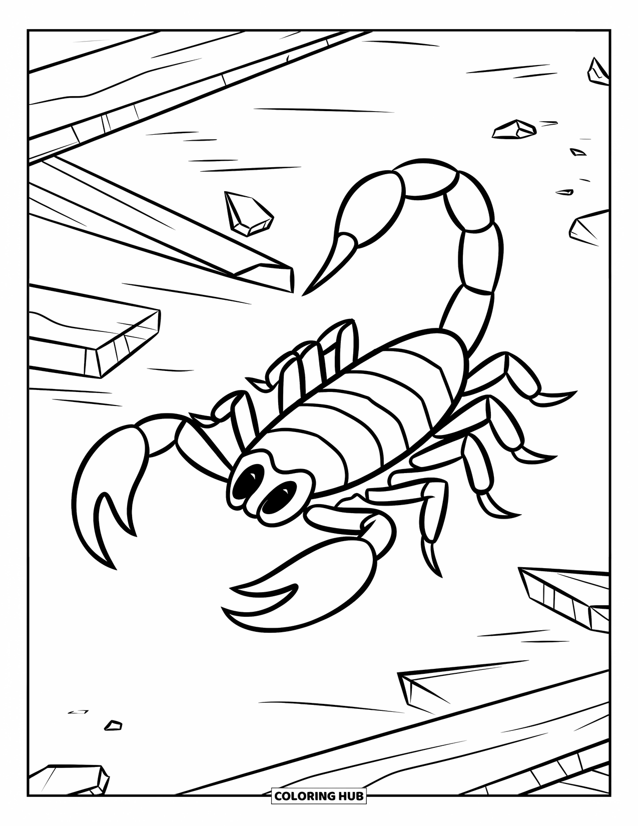Scorpion Coloring Page for Kids: Scorpion crawling with tail up and desert debris around