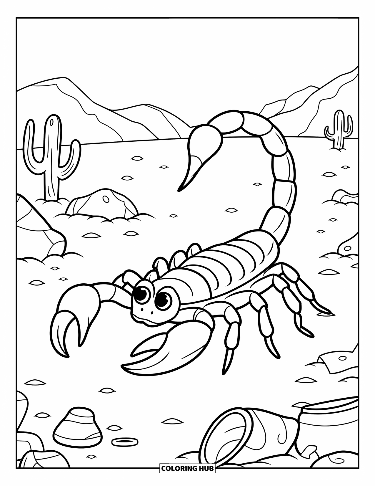 Scorpion Coloring Page for Kids: Scorpion crossing sand and rocks with tail arched high
