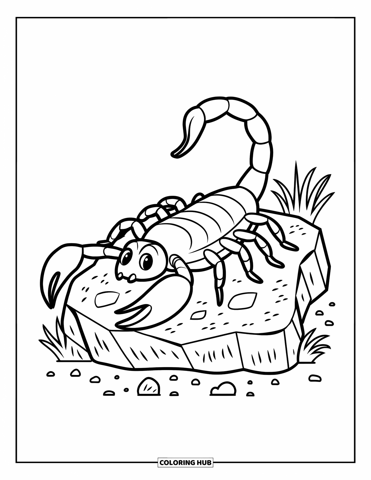 Scorpion Coloring Page for Kids: Scorpion lounging on a rock with pebbles and curved tail