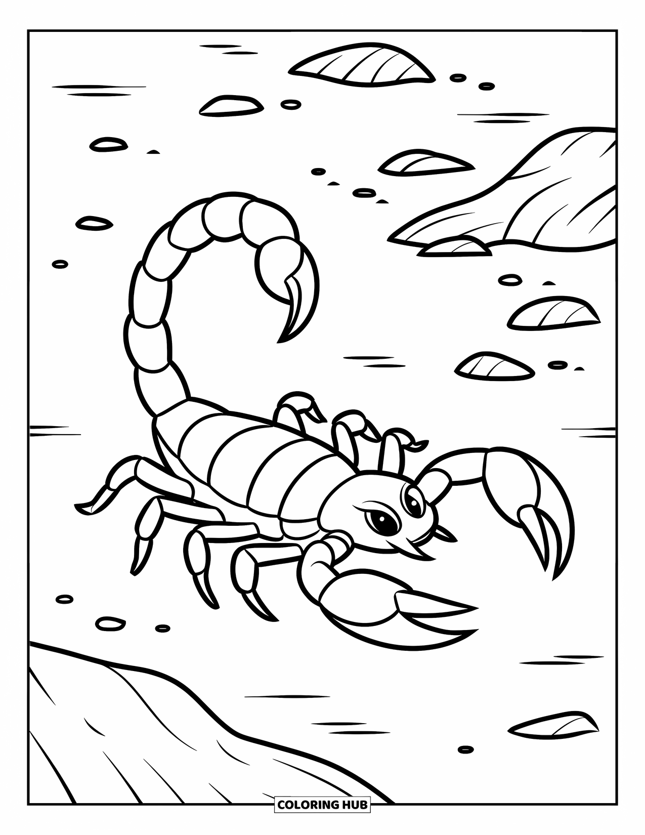 Scorpion Coloring Page for Kids: Scorpion mid-crawl, tail raised, with scattered desert rocks