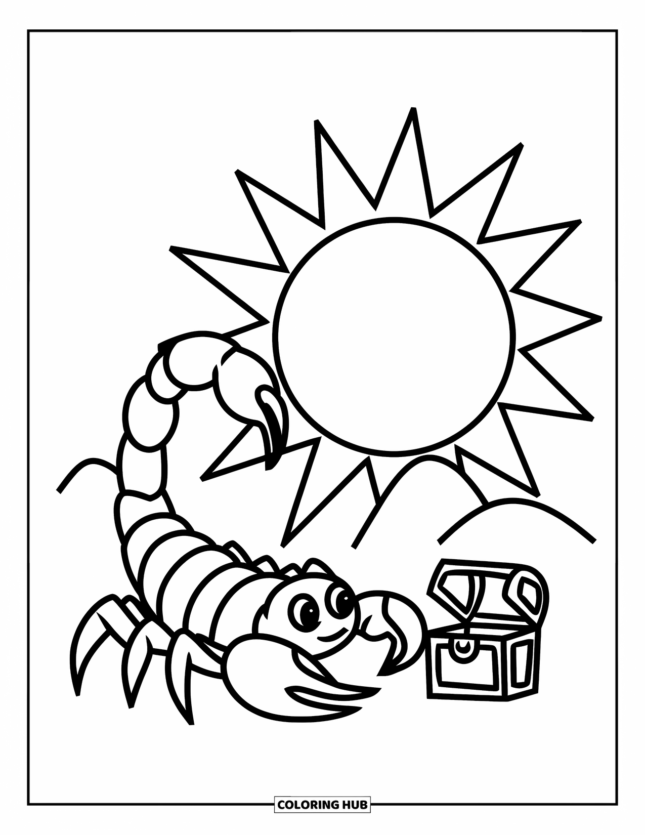 Scorpion Coloring Page for Kids: Scorpion near a sunny sky and hills, holding a small treasure chest