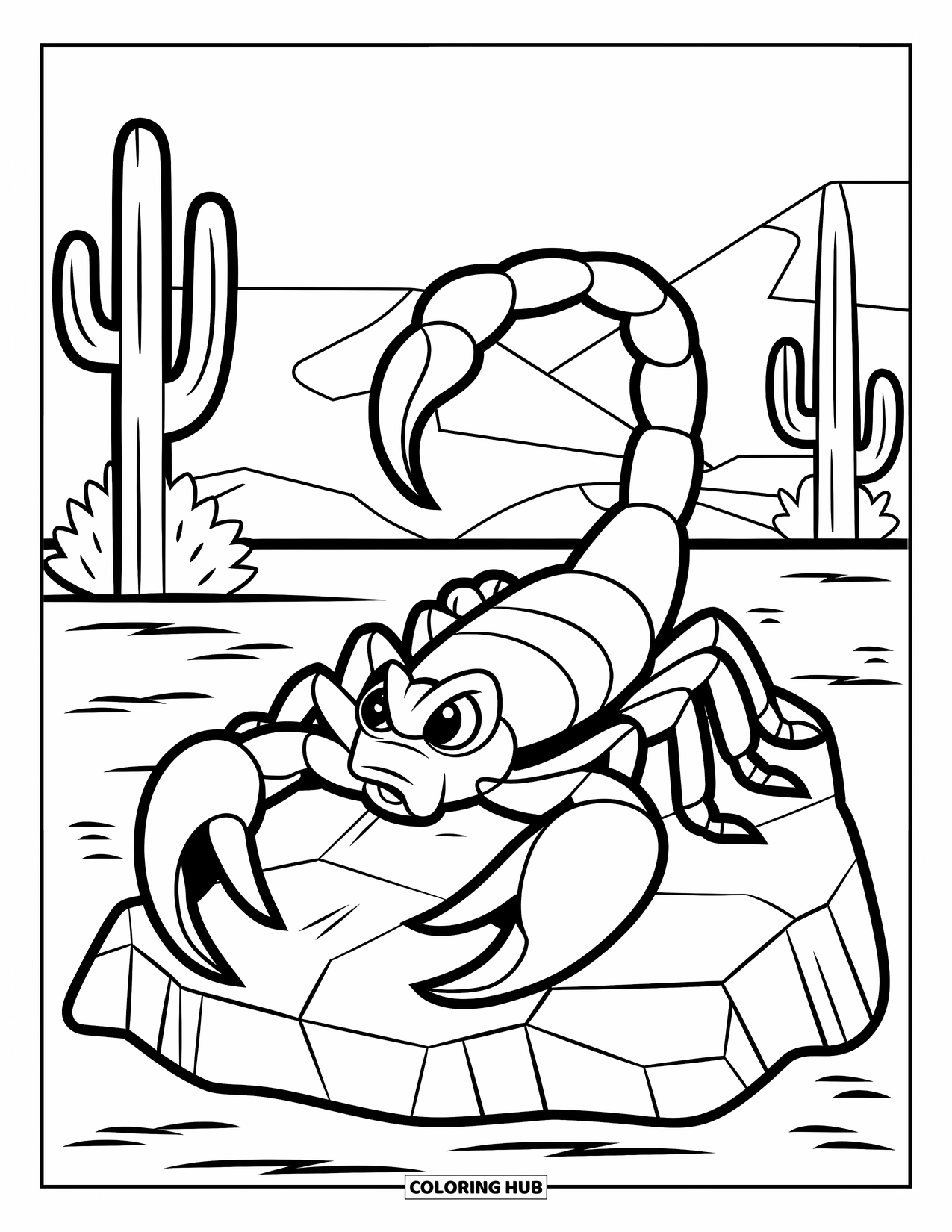 Scorpion Coloring Page for Kids: Scorpion on a rock, guarding itself in a desert with cacti