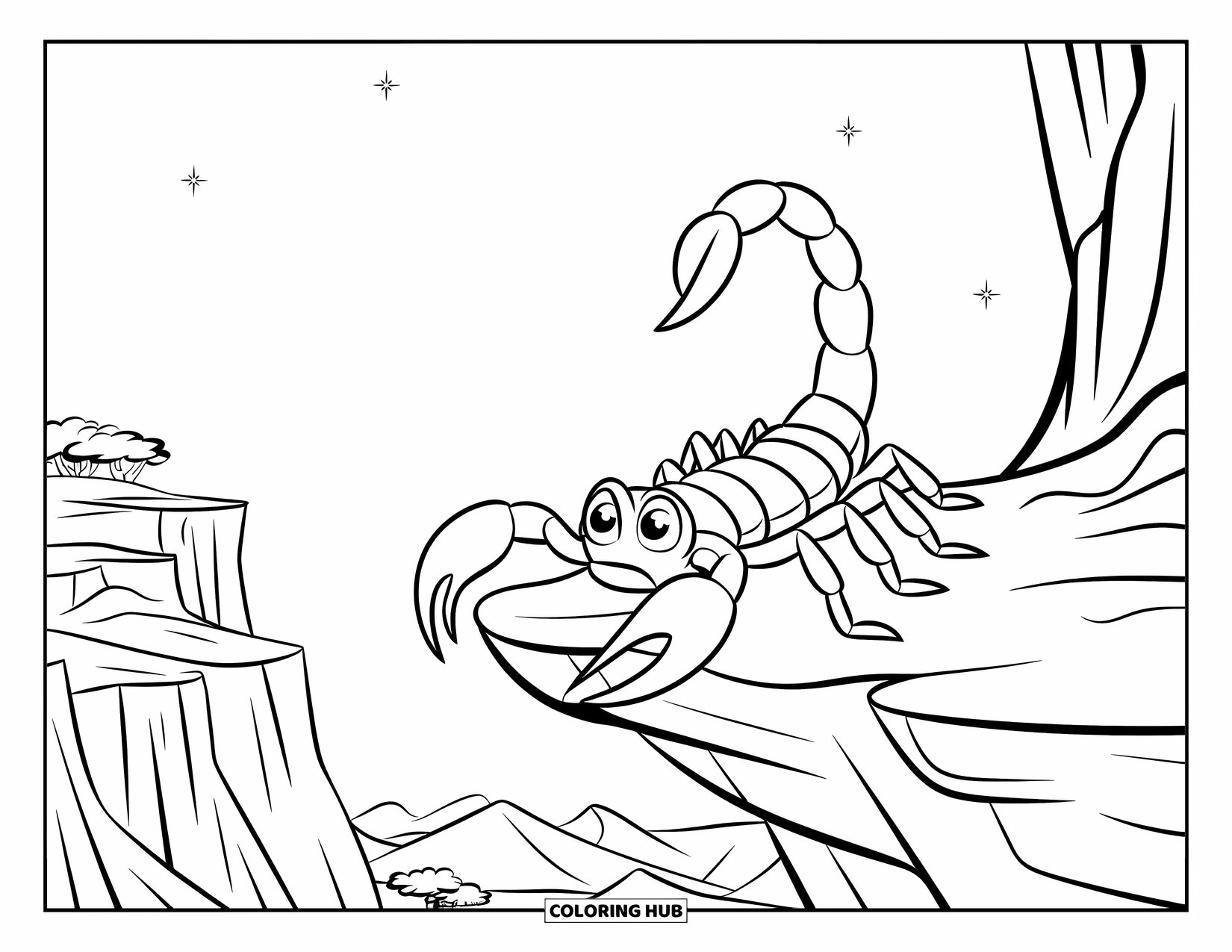 Scorpion Coloring Page for Kids: Scorpion on a rock ledge with cliffs and stars behind