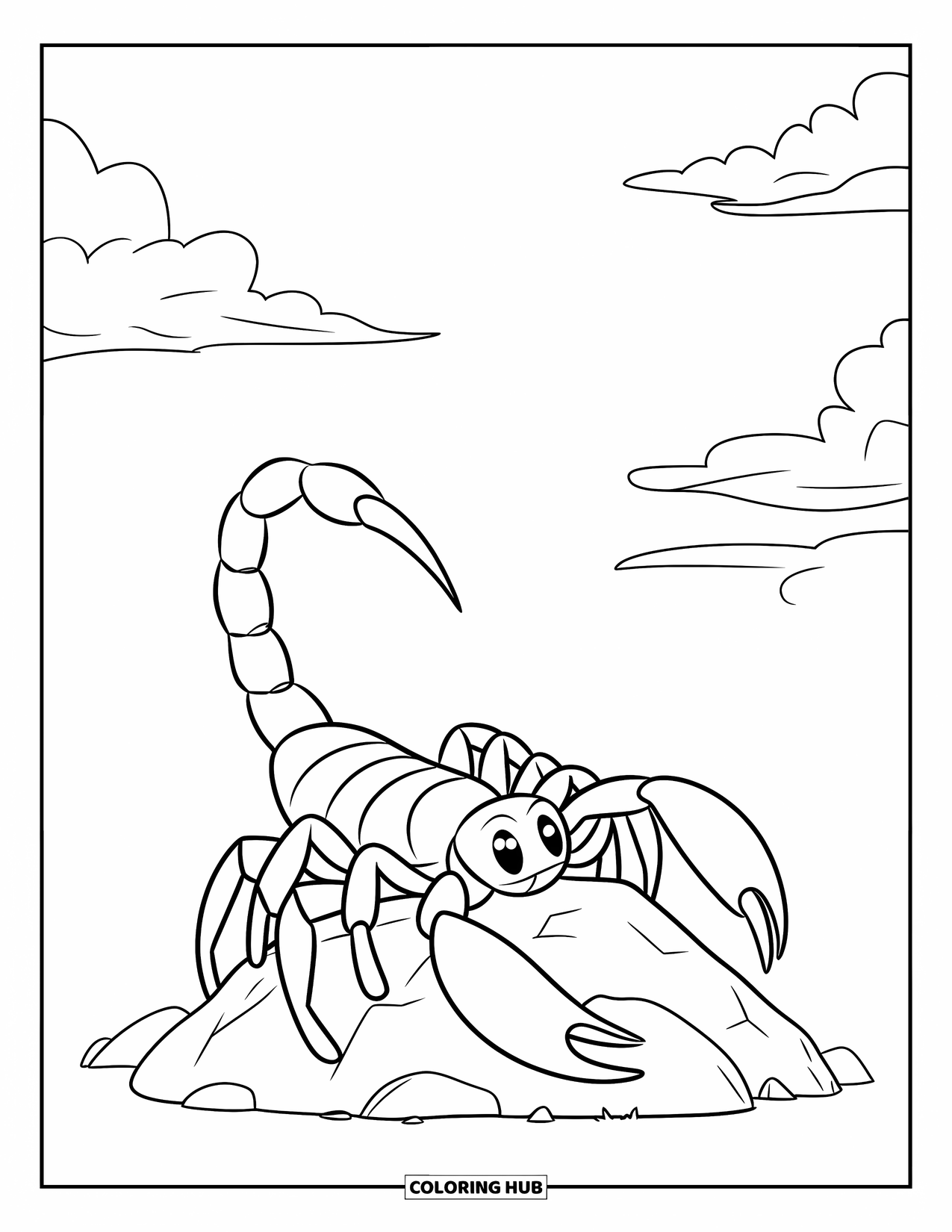 Scorpion Coloring Page for Kids: Scorpion perched on rocks with fluffy clouds above