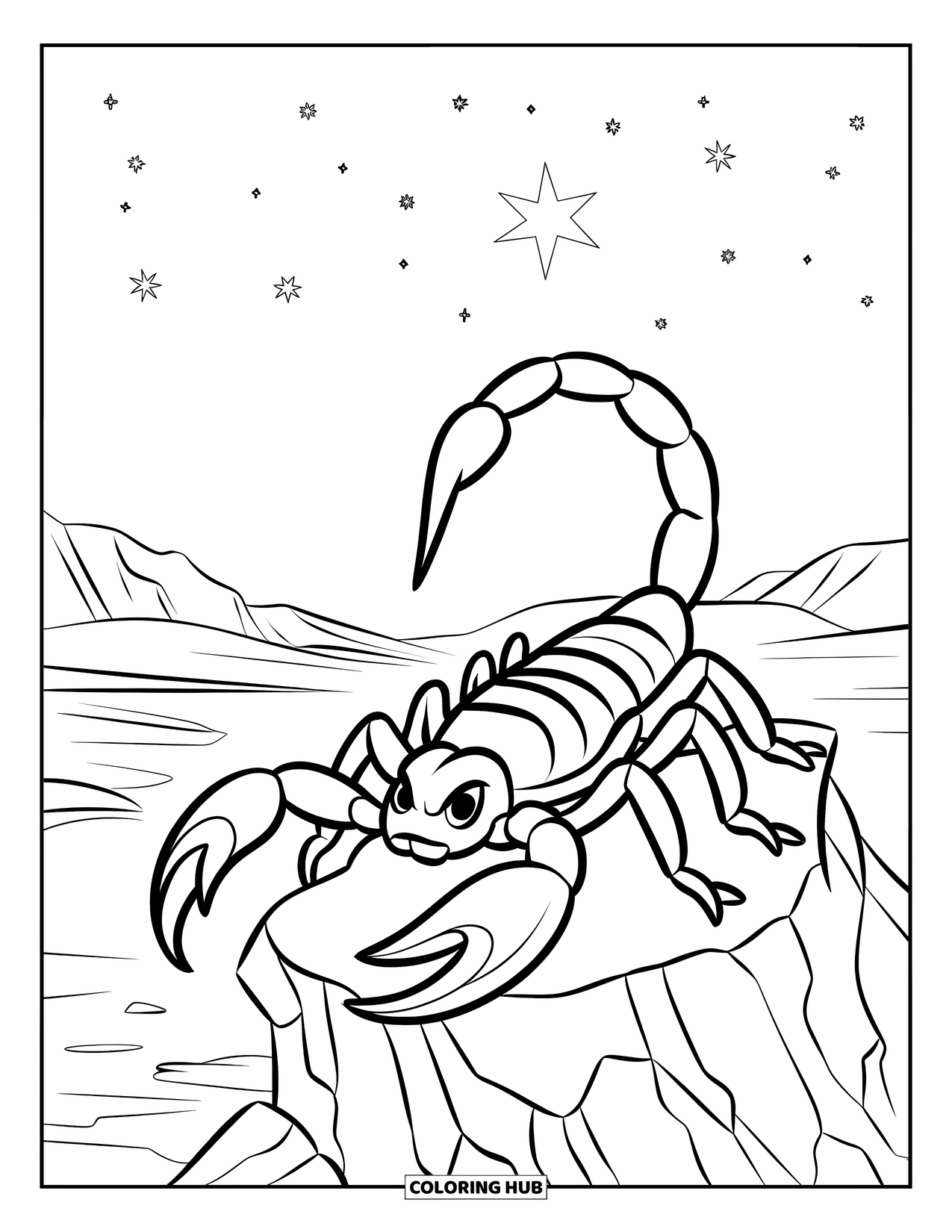 Scorpion Coloring Page for Kids: Scorpion posing on a rock under a starry desert night